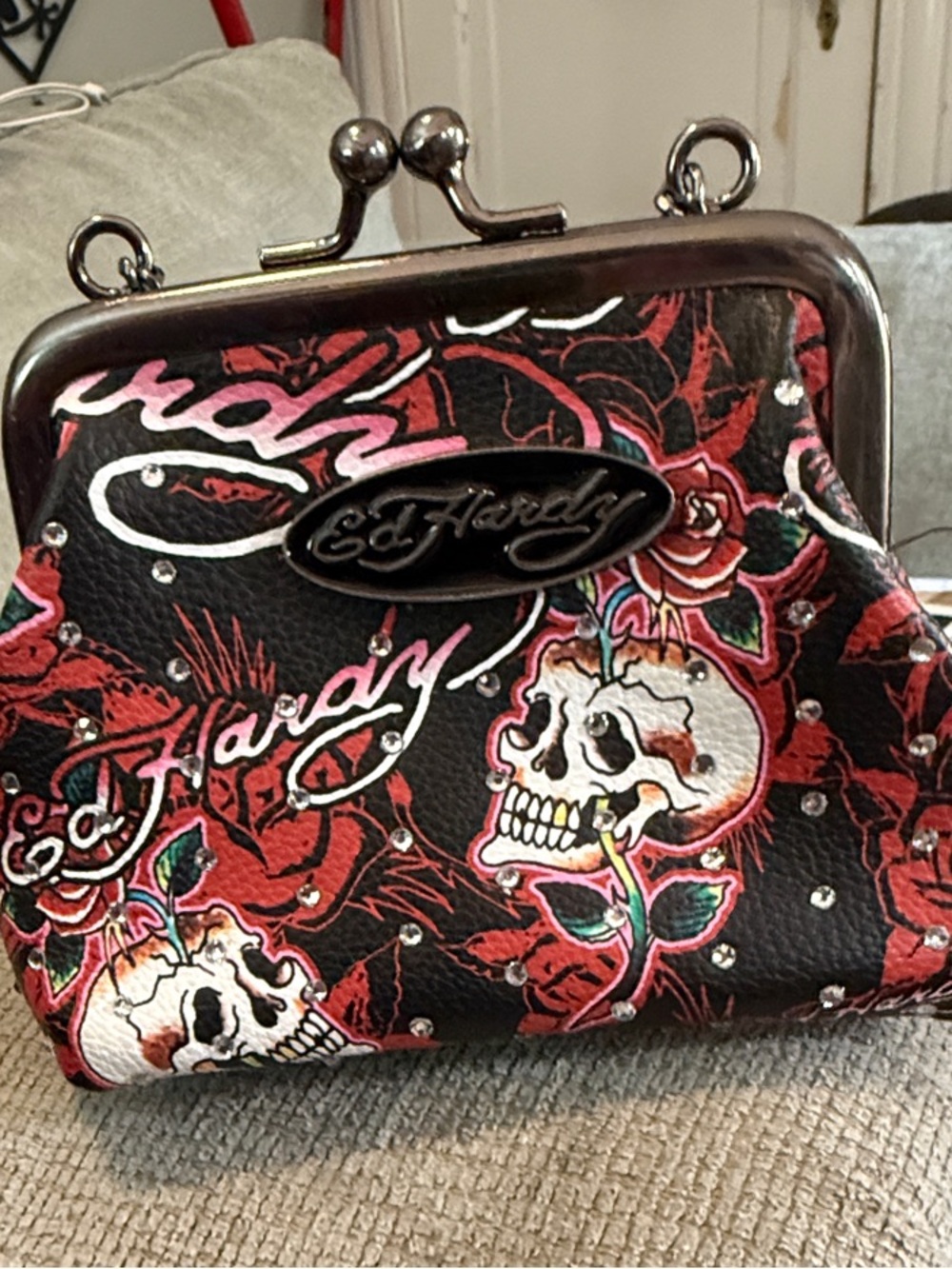 Ed Hardy Black & Red Skull and Rose Kiss-Lock Wristlet Coin Purse